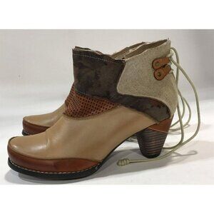 Beige and Brown Mixed-Material Women's Lace-Up Ankle Boots